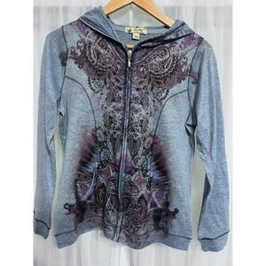 Unity Womens Light Blue Zip Up Hoodie Paisley Medallion Print Size Medium